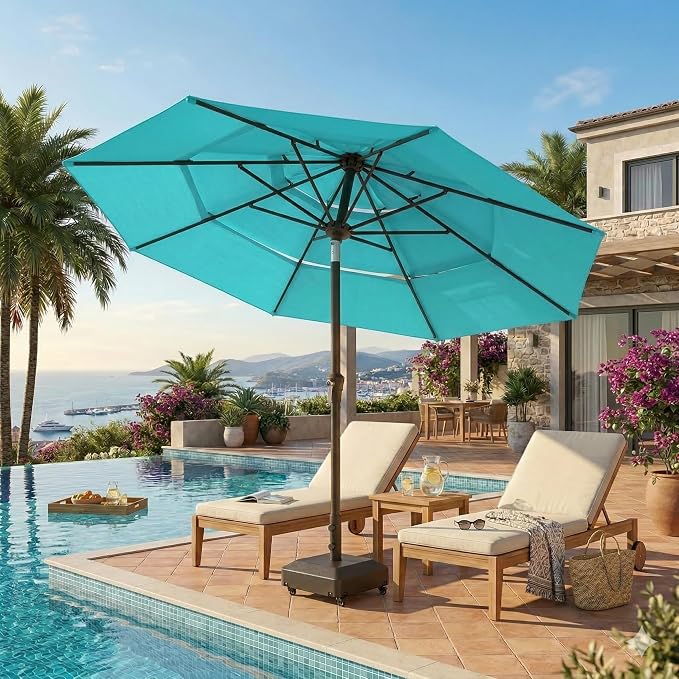 10ft Patio Umbrella, 3 Tier Outdoor Market Table Umbrellas with 8 Fiberglass Ribs and Push Button Tilt, Windproof, Vented Canopy, UV Protection for Deck, Pool, Backyard