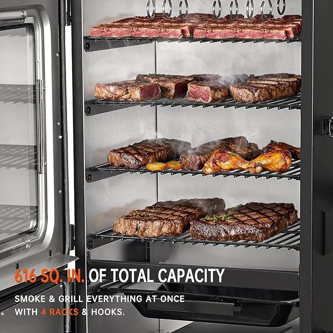 Vertical Pellet Smoker Grill with Cover & Meat Probe, 4-Rack Electric Pellet Smoker, 616 Sq.In Digital BBQ Smoker with LED Temperature Control for Outdoor Smoking Brisket, Ribs, Chicken & Sausage