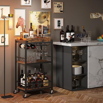 TUTOTAK Bar Cart with Wheels, Mini Drink Cart with Wine Rack & Glass Holder | 3-Tier 17 Inch Wide Home Bar Serving Carts, Small Mobile Kitchen Shelf with 6 Hooks, Rustic Brown BC01BB036