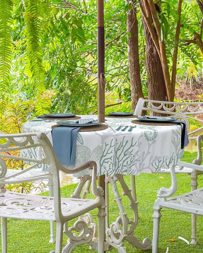 Sage Green Coastal Outdoor Tablecloth - 60 Inch Round Waterproof Dining Table Cover, Sea Turtle Nautical Coral Beach Starfish Outdoor Table Cloth with Umbrella Hole & Zipper for Picnic