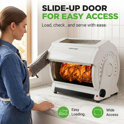 NutriChef Horizontal Rotating Shawarma Oven | Rotisserie, Shawarma & Kebab Machine | Includes Large 22.4 Quart Capacity, 3-Hour Timer & 6 Kebab Skewers | Ideal for Chicken,Turkey & Lamb | White