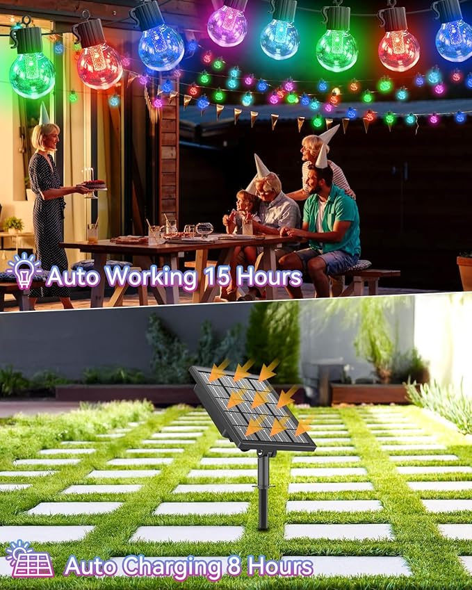 FREECUBE 50 FT Solar String Lights Outdoor Waterproof, 25LEDs G40 Globe Shatterproof Bulbs,Warm White & Multicolor,8 Modes,Timer, Solar Powered Patio Lights for Backyard, Porch, Garden, Wedding Decor