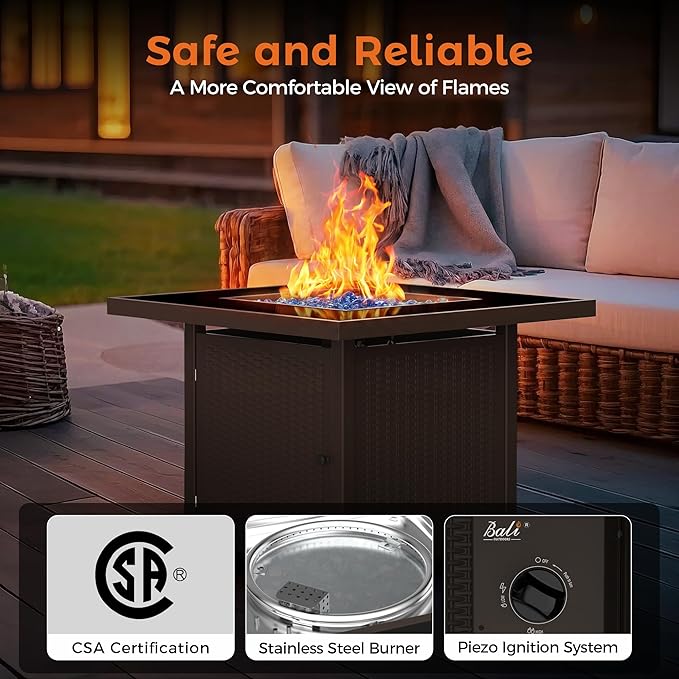 BALI OUTDOORS 32 inch Glass Tabletop Propane Fire Pit Outdoor, 50,000 BTU Propane Fire Pit Table Square, Gas Firepits for Outside Patio, Garden, Brown