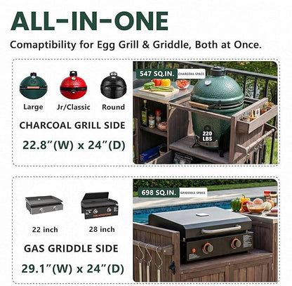 LUMISOL Outdoor Grill Cart for Big Green Egg, 80.5" Solid Wood Outdoor Kitchen Island with Stainless Steel Top and Drawer, Rolling Kitchen Cart for 21"/28" Blackstone Griddle, Dark Brown
