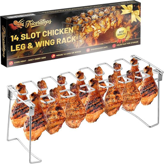 Triceratops Chicken Leg and Wing Rack, 14 Slots BBQ Chicken Drumsticks Holder Stainless Steel Roaster Stand for Smoker Grill, Oven, Charcoal Grill