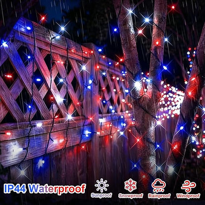 QITONG 4 Pack Red White Blue String Lights Battery Operated, Each 16ft 50 LED 4th of July Christmas Lights Outdoor, 8 Modes Green Wire Patriotic Lights Indoor for Independence Memorial Day Decor