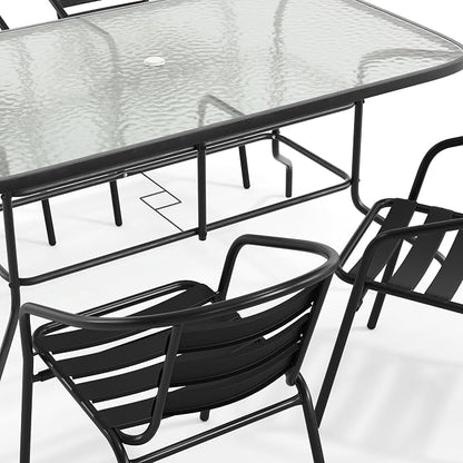 Flash Furniture Lila 5 Piece Patio Dining Set - 55" Tempered Glass Patio Table with Umbrella Hole - 4 Black Metal Aluminum Slat Stack Chairs