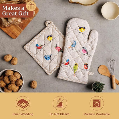 Maison d' Hermine 100% Cotton Oven Mitt & Pot Holder Set (7.5"x13" & 8"x8") Heat Resistant BBQ Cooking Gloves with Loop Baking Grilling Kitchen Hotel Home Farmhouse Spring Summer (Birdies on Wire)