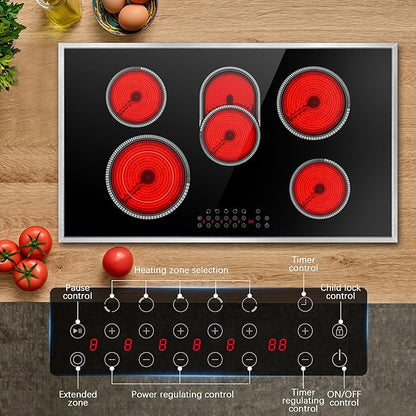 Electric Cooktop 36 Inch, 5 Burners Electric Stove Top Touch Control, 8400W Built-in Ceramic Stovetop 36" with Expandable Zone, Child Lock, Timer, Pause Control, 220-240v Hardwired (No Plug)