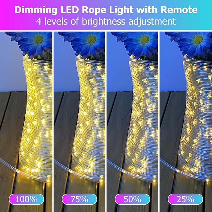 100ft LED Rope Lights for Outside, 25 Colors IP68 Waterproof, Dimmable Warm White RGB Outdoor String Lights, Red White Blue for Memorial Day Patriotic Decorations, Fairy Lights for Indoor Bedroom