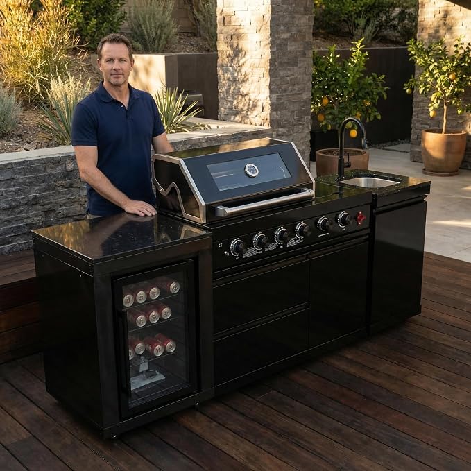 85 Inch Outdoor Kitchen Island, 4-Burner 72000 BTU Propane Gas Outdoor Kitchen Bar Barbecue Island Grill with Side/Rear Burners, With Refrigerator and Sink, Rotisserie, Granite Countertops, Storage