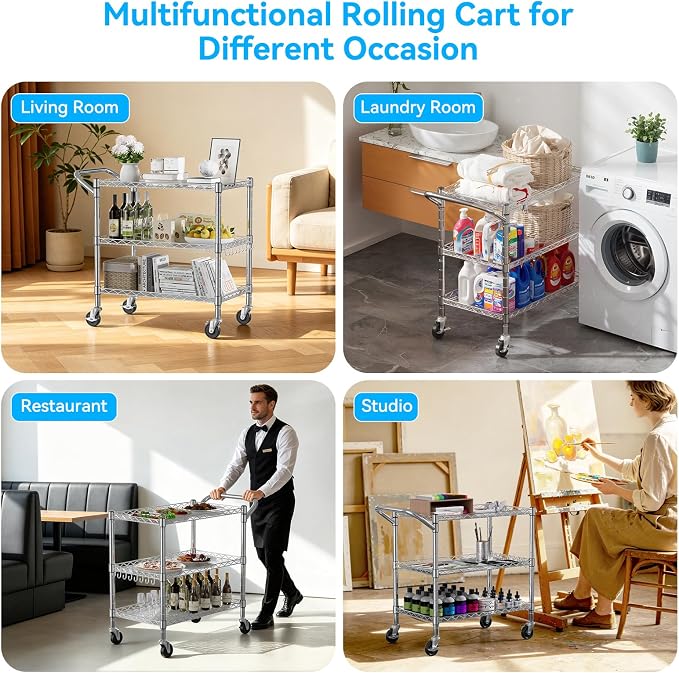 YNN Heavy Duty 3 Tier Utility Rolling Kitchen Cart on Wheels 990LB Capacity | Metal Utility Cart with Wheels Serving Cart Commercial Grade Carts with Wire Shelving & Handle Bar for Kitchen Office School