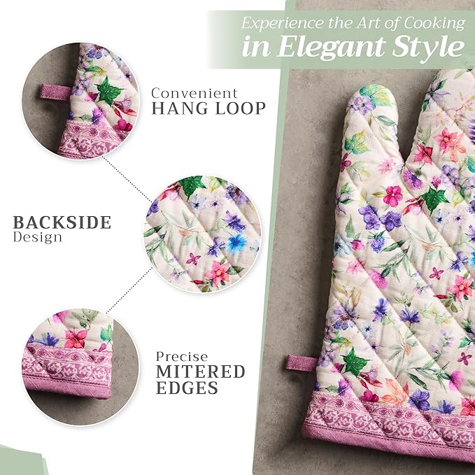 Maison d' Hermine 100% Cotton Oven Mitt & Pot Holder Set (7.5"x13" & 8"x8") Heat Resistant BBQ Cooking Gloves with Loop Baking Grilling Kitchen Hotel Home Farmhouse Spring Summer (Chardon)