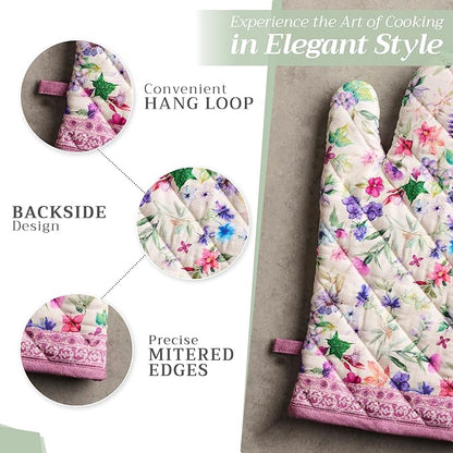 Maison d' Hermine 100% Cotton Oven Mitt & Pot Holder Set (7.5"x13" & 8"x8") Heat Resistant BBQ Cooking Gloves with Loop Baking Grilling Kitchen Hotel Home Farmhouse Spring Summer (Chardon)