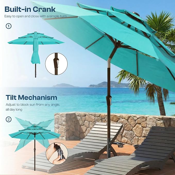 10ft Patio Umbrella, 3 Tier Outdoor Market Table Umbrellas with 8 Fiberglass Ribs and Push Button Tilt, Windproof, Vented Canopy, UV Protection for Deck, Pool, Backyard
