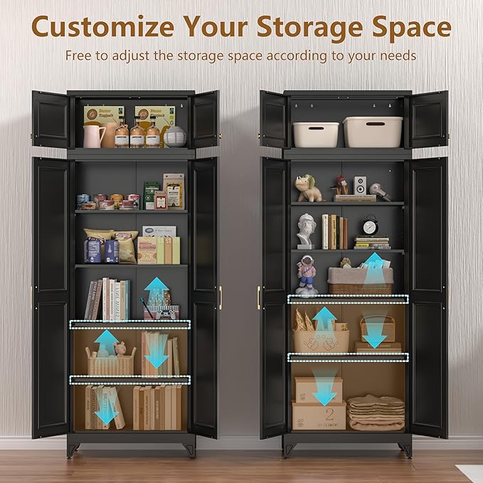 Polup Kitchen Pantry Cabinet, Metal Food Pantry cabinets with Doors and Shelves, 90" Tall Storage Cabinet for Dining, Living Room, Black, 16" D x 32" W x 90" H, Assembly Required