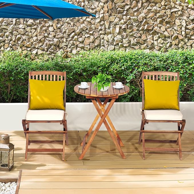FANTASK 3 Pieces Folding Acacia Wood Bistro Set, Patio Furniture Set with Cushions & 1 Round Table, Indoor Outdoor Bistro Table and Chairs Set of 2 for Patio, Garden, Poolside, Porch, Lawn (Beige)