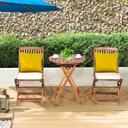 FANTASK 3 Pieces Folding Acacia Wood Bistro Set, Patio Furniture Set with Cushions & 1 Round Table, Indoor Outdoor Bistro Table and Chairs Set of 2 for Patio, Garden, Poolside, Porch, Lawn (Beige)