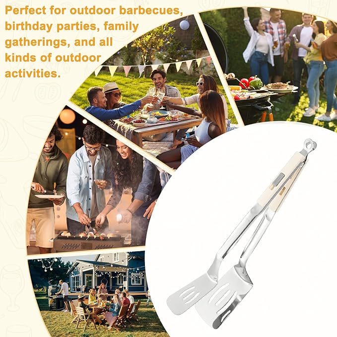 M METERXITY Spatula Tongs, 13.4 Inch 304 Stainless Steel Anti-Scald Extended Multifunctional Flipper Grill Clamp for Cooking/Barbecue, Kitchen Cooking Tongs [White Handle, Silver Tone]