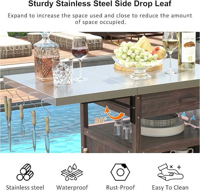 Outdoor Grill Cart with Stainless Steel Top, 40.5”Solid Wood BBQ Prep Table for Pizza Oven, Mobile Outdoor Kitchen Island with Drop Leaf, Storage Cabinet, Towel Rack & Spice Holder for Patio