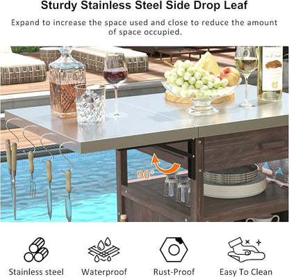 Outdoor Grill Cart with Stainless Steel Top, 40.5”Solid Wood BBQ Prep Table for Pizza Oven, Mobile Outdoor Kitchen Island with Drop Leaf, Storage Cabinet, Towel Rack & Spice Holder for Patio