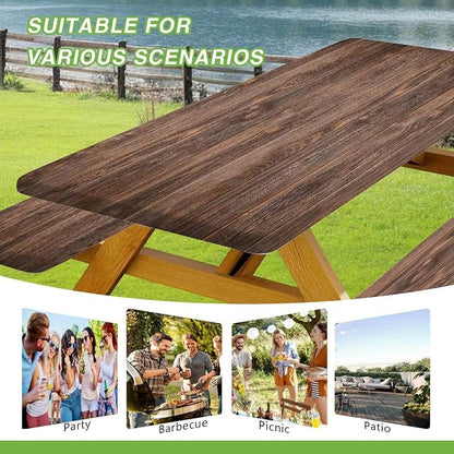 JAWO Vintage Brown Rustic Wooden Picnic Table Cover with Bench Covers, Modern Camping RV Essentials Gear Supplies Outdoor Waterproof Windproof Tablecloth with Elastic, 30X60in