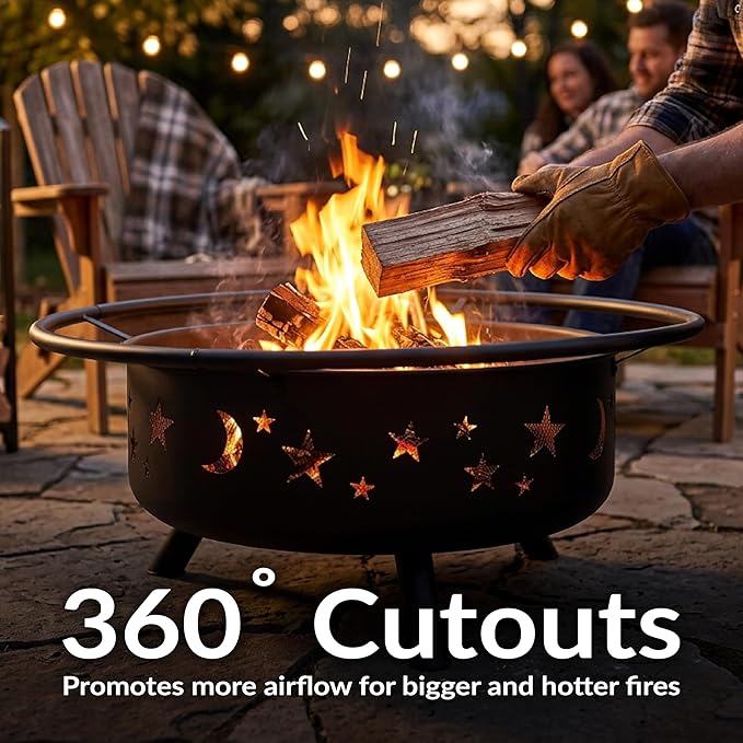Sunnydaze Cosmic 42-Inch Large Outdoor Fire Pit - Wood-Burning Firepit for Outside Patio, Backyard, Deck - Steel - Wood Grate, Spark Screen, and Fireplace Poker Included - Black - 31” Bowl Diameter