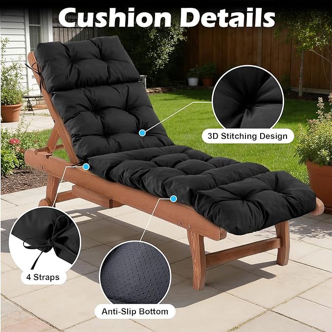 Chaise Lounge Cushions Outdoor, Waterproof & Fade Resistant Patio Lounge Chair Cushions for Outdoor Furniture, Chaise Cushion with Ties for Patio, Pool, Lawn and Beach, 75.1x22.8x4.7 Inch, Black