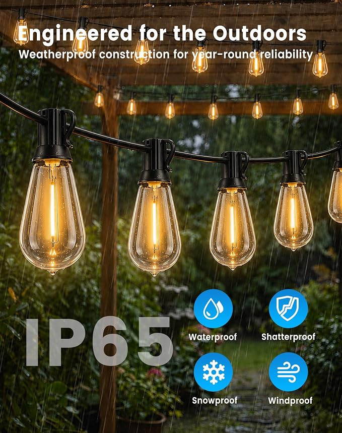 30FT(24+6) Outdoor String Lights, 2FT Spacing 12 LED Edison Bulbs, Waterproof, Shatterproof, Dimmable, Warm White, 3 Modes, Timer, Plug in Hanging Backyard Lights for Outside, Patio