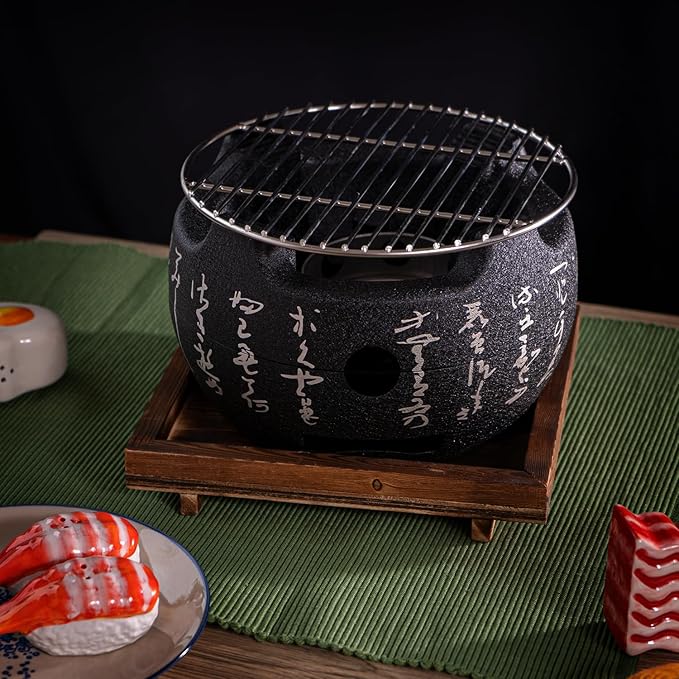 Aluminum Japanese Tabletop Shichirin Konro Charcoal Grill With Wire Mesh Grill and Wooden Base Hibachi Style Yakiniku Grill (8 Inch Round)