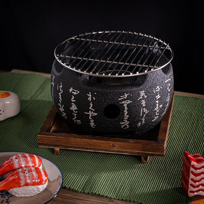Aluminum Japanese Tabletop Shichirin Konro Charcoal Grill With Wire Mesh Grill and Wooden Base Hibachi Style Yakiniku Grill (8 Inch Round)