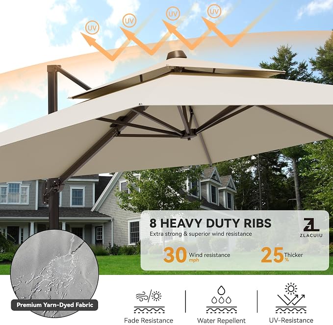 9x12FT Cantilever Patio Umbrella Heavy-Duty Aluminum | 360° Rotating Double Canopy Rectangular Offset Umbrella for Pool, Deck, Garden & Backyard, Beige