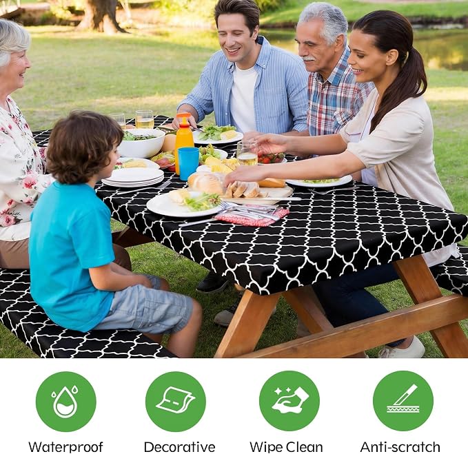 Picnic Table Cover with Bench Covers, Waterproof Tablecloth Set, Morocco | Fitted 6ft Tables, for Outdoor Camping, RV, Includes 1 Table Cover(30"x72"), 2 Bench Covers(72"x12"), Drawstring Storage Bag