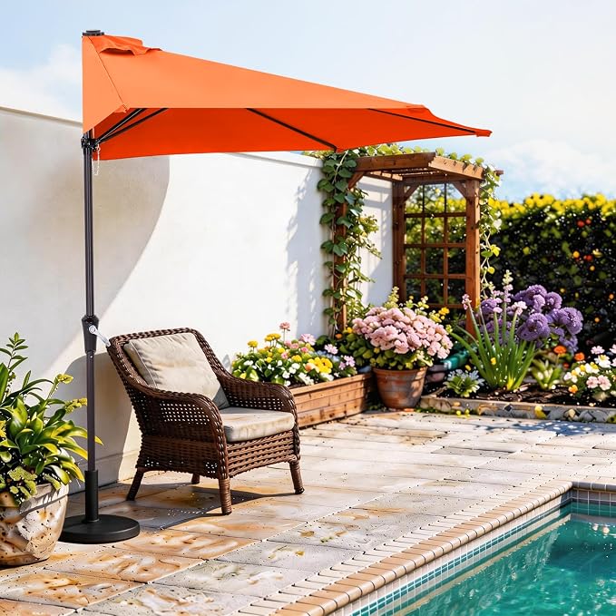 ABCCANOPY Patio Umbrella 9FT Outdoor Half Umbrella(Orange) | Fade & UV Resistant Fabric, 5 Fiberglass Ribs, Waterproof, Air Vent, Crank Operated, Great for Patio, Backyard, Garden, Deck