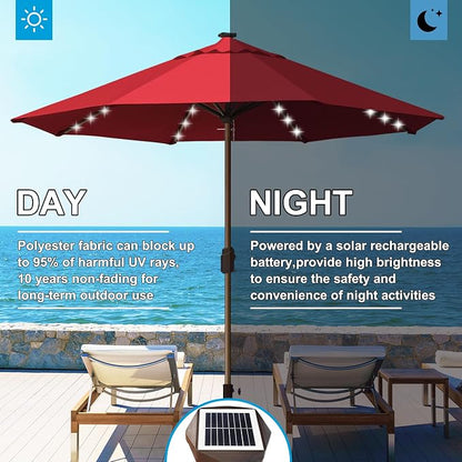 Eurmax USA 10-Year-Non-Fading 10FT Outdoor Patio Market Umbrella with LED Lights,UPF50+ UV Resistant,Heavy Duty Commercial Grade,Crank Lift Design,Windproof Vented Top for Garden,Pool,Deck,Logo Red