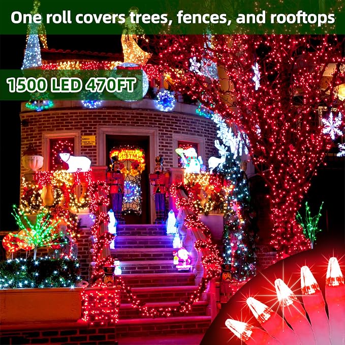 QUHUATU 1500 LED 470FT Christmas Lights,12 Modes LED String Lights, Red | Weather-resistant Plug-in Tree Lights with Timer, Memory and Dimming for House, Fences, Patios, Holiday Decor