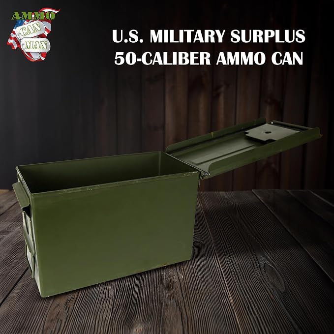 U.S. G.I. M2A1 50 Cal Ammo Can Organizer (OD Green) - Watertight Seal Metal Storage Box w/ Hinged Lid & Secure Latch – Ideal Ammo Can Surplus for Gear, First Aid, & Survival Supplies | First Aid | & Survival Supplies | Keeps Cans Locked In