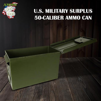 U.S. G.I. M2A1 50 Cal Ammo Can Organizer (OD Green) - Watertight Seal Metal Storage Box w/ Hinged Lid & Secure Latch – Ideal Ammo Can Surplus for Gear, First Aid, & Survival Supplies | First Aid | & Survival Supplies | Keeps Cans Locked In