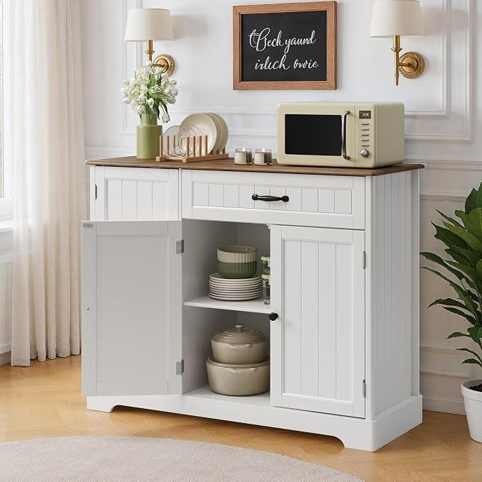 Coffee Bar, Storage Cabinet, White and Rustic | Buffet Cabinet, Sideboard Cabinet with Internal Storage Shelf for Dining Room, Kitchen, Living Room, Kitchen and Laundry Room