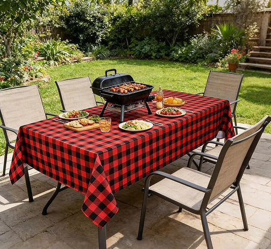 Classic Gingham Buffalo Xmas Tablecloth Fabric - Oblong 58x144 Inch Water Proof Checkered Table Cloth for Indoor Outdoor - Red Christmas Plaid Table Cover for Christmas, Holiday, New Year