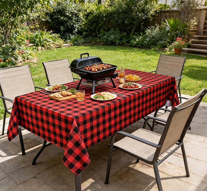 Gingham Xmas Tablecloth Fabric - Oblong 58x120 Water Resistant Christmas Plaid Table Cloth for Indoor/Outdoor Use - Red Tabletop Cover Perfect for Birthday, Picnics, Gardens