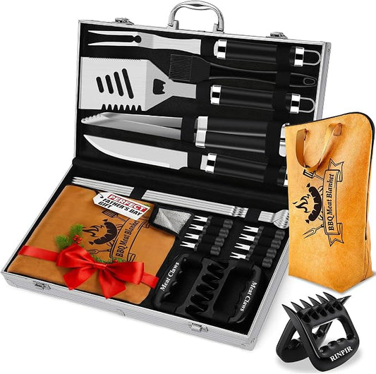 RINPIR 21pcs BBQ Grill Accessories Set with 21” Reusable Meat Blanket Black | Father’s Day Grilling Gifts for Men Dad, Stainless Steel Grill Tools Utensils Kit in Aluminum Case for Outdoor Camping