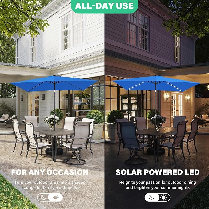 JEAREY 6.5x10' Rectangle LED Lighted Umbrella Patio Umbrella Outdoor w/Tilt | Solar Market Umbrellas with 6 Sturdy Ribs, UV Protection Waterproof Sunproof for Pool, Deck, Backyard(Royal Blue)