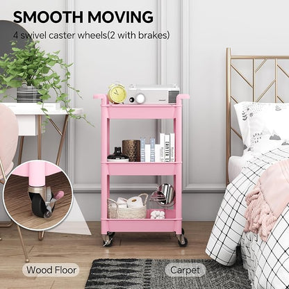 Steehoom 3-Tier Utility Rolling Cart with Cover Top Board, Mobile Utility Cart with Lockable Casters Multi-Functional Storage Trolley for Office, Bathroom, Kitchen, Garden, Laundry Room (Pink)