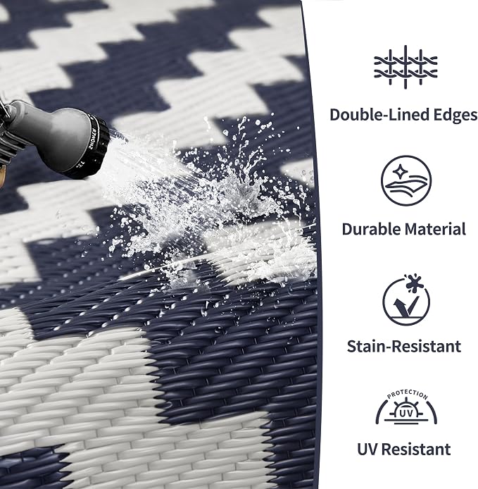 GENIMO Outdoor Rug, Waterproof Plastic Rugs for Patio, 6'x9' Blue White | Outside Larger Modern Carpet Mat for Porch Decor, Deck, Balcony, Camping, RV, Backyard, Picnic, Beach, Reversible, Foldable