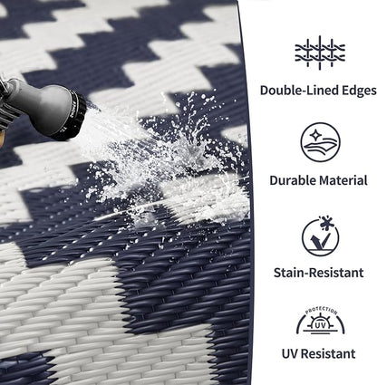 GENIMO Outdoor Rug, Waterproof Plastic Rugs for Patio, 6'x9' Blue White | Outside Larger Modern Carpet Mat for Porch Decor, Deck, Balcony, Camping, RV, Backyard, Picnic, Beach, Reversible, Foldable