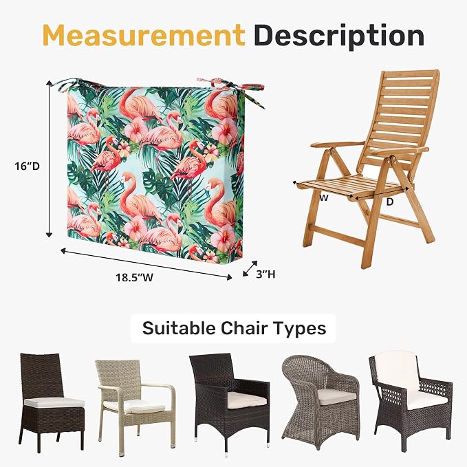 UNIKOME Outdoor Chair Cushions Pack of 4, Water Resistant Patio Cushions with Ties, High Density Sponge Filling Square Corner Seat Cushions for Outdoor Furniture, 18.5"*16"*3", Pink Flamingos