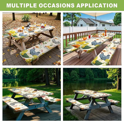 FOREVER QUEEN Picnic Table Cover with Bench Covers 72in,Waterproof Windproof Fitted Tablecloth,Farm Chicken with Floral Print Camping Essentials with Drawstring Bag for Patio,Park & Backyard