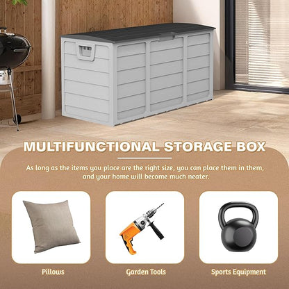 75 Gallon Outdoor Deck Storage Box, Heavy Duty Resin with Lockable Lid, UV Resistant for Patio Furniture, Garden Tools(Grey)