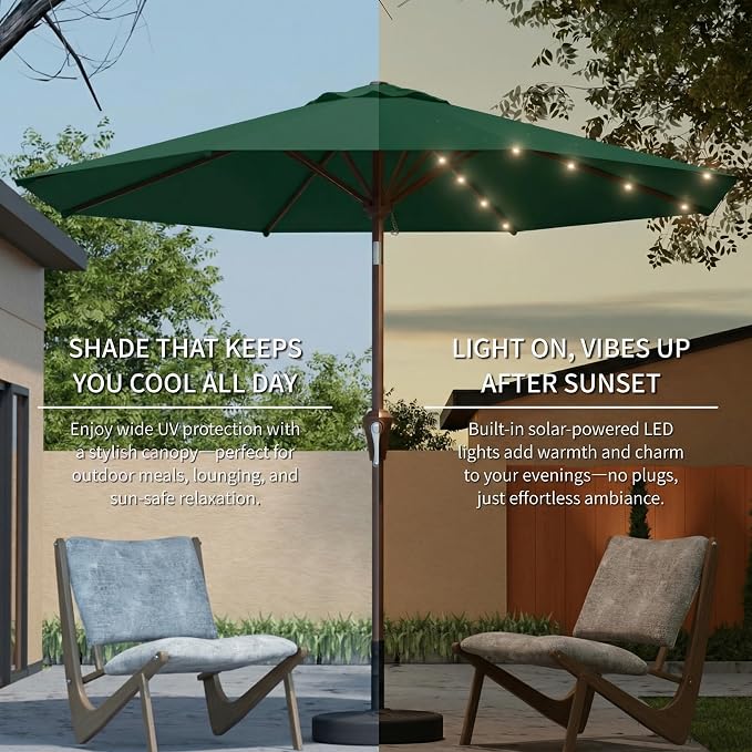 10FT Solar Umbrella 32 LED Lighted Patio Umbrella Table Market Umbrella w/Tilt and Crank, UV-Resistant Outdoor Umbrella for Pool, Garden, Deck, Forest Green